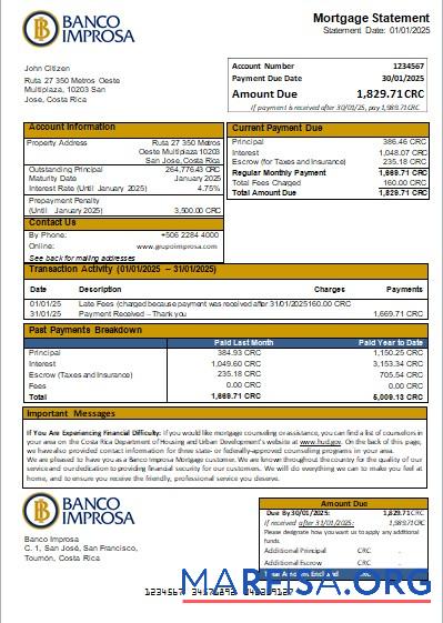 Printable Costa Rica Banco Improsa bank mortgage statement scr example